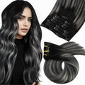Moresoo Black And Silver Clip in Hair Extensions Ombre Black And Silver Human Hair Extensions Clip ins Real Human Hair for Women Double Weft 120g/7pcs 16 inch