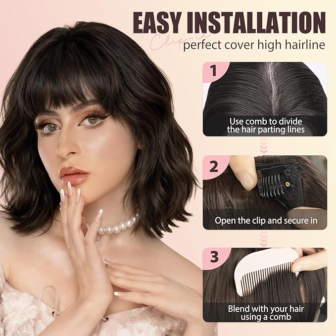 Clip in Bangs, Synthetic Wispy Bangs Hair Clip, Medium Brown Fake Bangs Fringe with Temples Hairpieces for Women Natural Curved Hair Extensions for Daily Wear