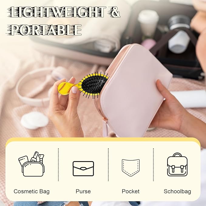 12 Pcs Softball Mini Detangler Brush, Mini Travel Hair Brush, Bristles Plastic Detangling Brush, No Tangle Soft Flexible Bristles for Straight, Curly, Thick Hair for Softball Team Gift Sport Party