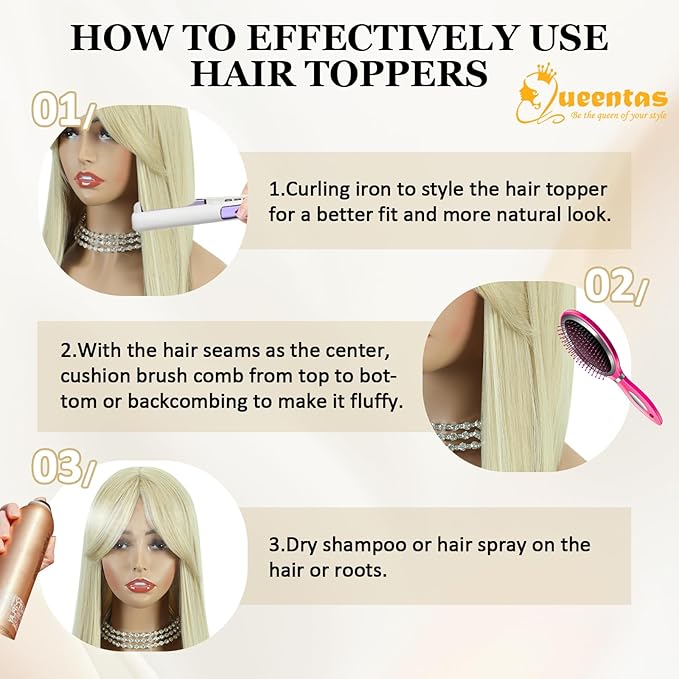 QUEENTAS 18" Blonde Hair Topper for Women with Thinning Hair Pieces 6"*6.2"Large Coverage 360°3D Cover Synthetic Long Straight with 5 Clips in Wiglets(Blonde)