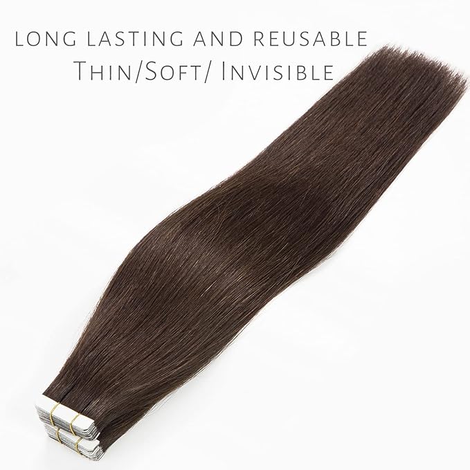 Lacer Real Human Hair Tape in Extensions Black 20 Inch Double Sided Skin Weft Hair Extensions Tape in 20Pcs 50 Gram Color 2A Dark Bown