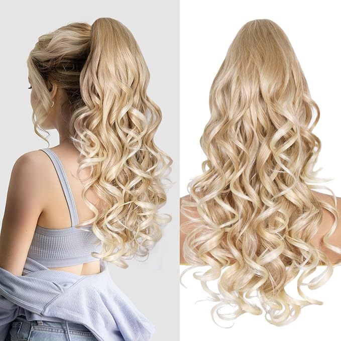 Blonde wavy hair extension shown on a person with a plain background