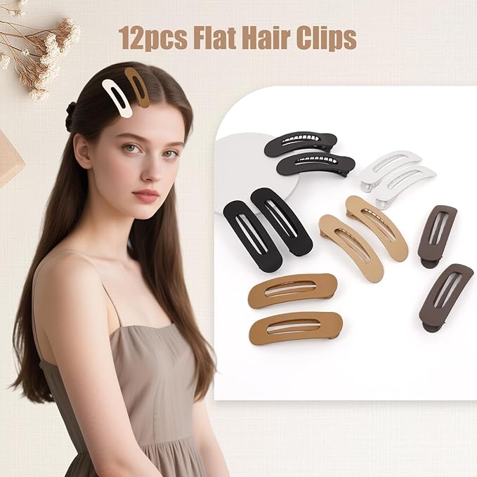 Flat Hair Clips for Women - 12 Pack Matte Non-Slip Flat Claw Clips for Thin Hair, 6 Colors Daily Use Hair Clips Flat Design Comfort Clips