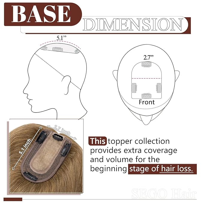 SEGO Real Human Hair Topper for Women No Bangs, Hair Topper with Anti-Slip Clips (10 Inches Light Brown)