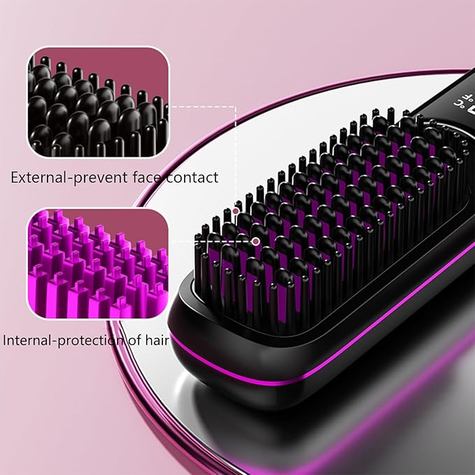 Go Brush Pro Hair Straightener – Cordless Comb with Base Negative Ion, 6000mAh Fast Heating & Portable Travel Design, Rechargeable Brush for Straightening and Curling (Black-1Pcs)