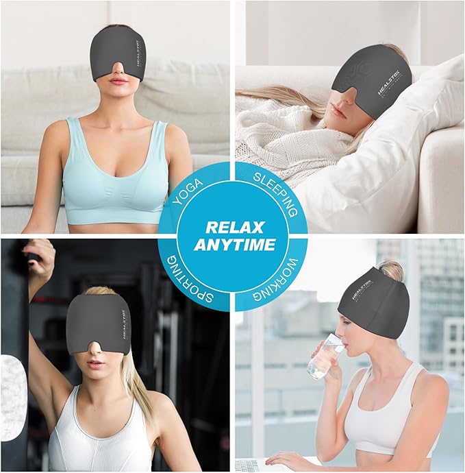 Cold Hat, Ice Cap, Ice Head Wrap, Cold & Hot Therapy Reusable 360 Compression Flexible Ice Pack Head Wrap, Cold Head Park Wrap. Grey