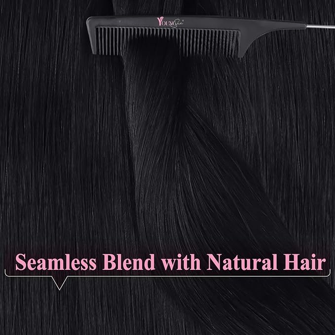 YoungSee Invisible Tape in Hair Extensions Black Tape in Extensions Real Human Hair Jet Black 22 Inch Tapes on Hair Extension 20pcs 50g Real Human Hair Extension Tape-in Long-Lasting Hold Hair