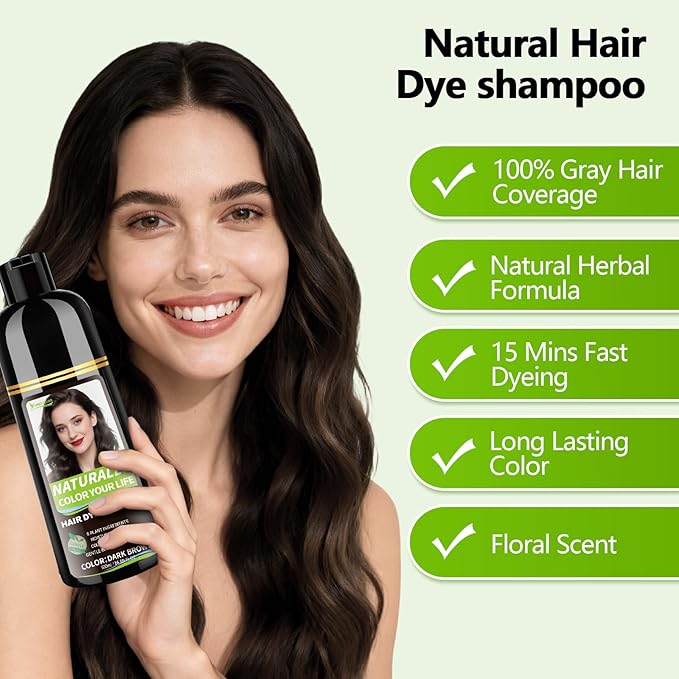 Dark Brown Hair Dye Shampoo for Women & Men, 15 Min Gray Coverage, 3 in 1 Semi-Permanent Color with Natural Herbal Ingredients, Lasts 60 Days