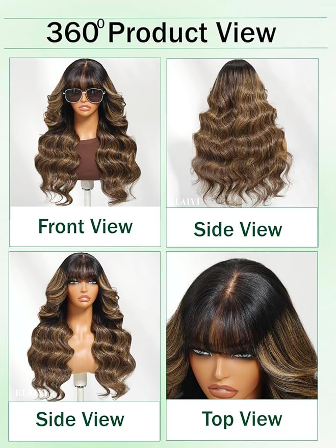 KLAIYI Ombre Brown Loose Body Wave Pre Everything Glueless 13x4 HD Lace Front Human Hair Wig with Natural Bang Highlight Balayage Brown Precut Lace Pre Plucked Bye Bye Knots Drawstring Wig 180% 16Inch