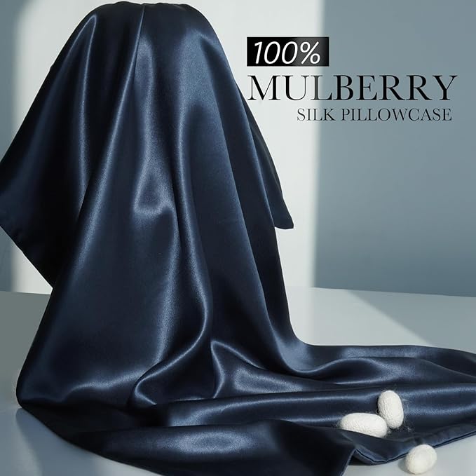 100% Mulberry Silk Pillowcase for Hair and Skin, 22 Momme Pure Natural Silk Pillow Case Both Sided with Zipper, Pillow Cover for Women Mom Men (Navy Blue, Queen 20''×30'', 1 Pack)