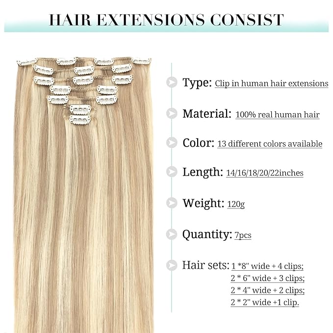 DOORES Clip-in Hair Extensions - Real Human Hair, Balayage Dark Blonde with Highlights, 24 Inch, 7 Pieces, 120g, Remy, Silky Straight, Thick