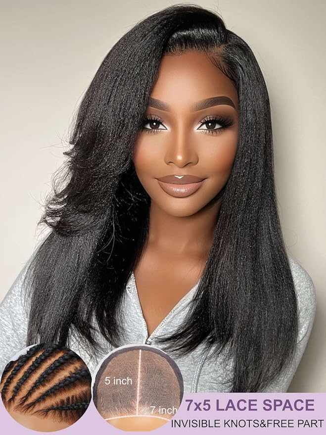 Yiroo Light Yaki Straight Wig Human Hair with Side Swept Bangs,7x5 Lace Front Bye Bye Knots Glueless Wig Human Hair Pre Plucked Pre Cut,Elastic Drawstring Wear and Go Wig for Women 150% Density 18Inch