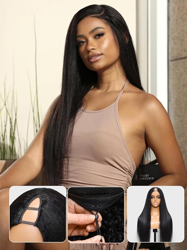 YIROO EasiContour V Part Wigs Human Hair Yaki Straight Human Hair Wigs No Leave Out Glueless Upgraded U Part Wigs for Women V Shape Clip in Vpart Wig No Sew in No Glue Beginner Friendly 14 inch