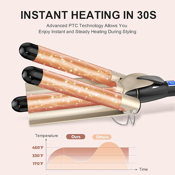Hair Waver 3 Barrel 1 Inch for Classic Beach Waves, AIMERVO Crimper Tool for Women 15 Temp Settings from 170 to 450°F, Tourmaline Ceramic Crimping Iron, PTC Heater Technology, 1 Hour Auto Shut-Off