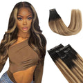 Lashey Seamless Clip in Hair Extensions Human Hair 4pcs 37g 14 Inch Straight Ombre Balayage Ash Brown Highlighted Honey Blonde with Natural Black Dark Roots