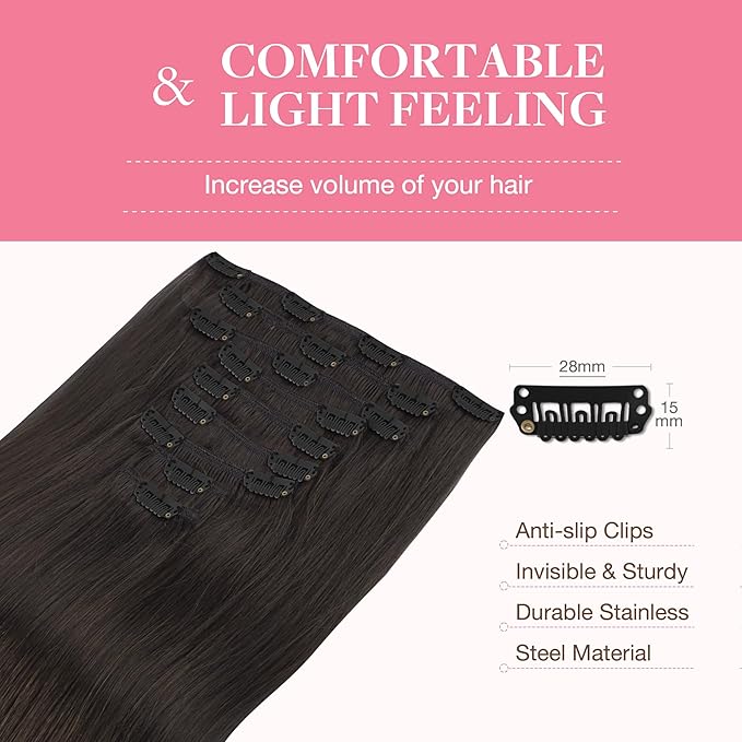 GOO GOO Clip in Hair Extensions Real Human Hair, Remy Human Hair Extensions Clip ins for Women, Natural Human Hair, 18inch 150g 9Pcs, 2 Dark Brown