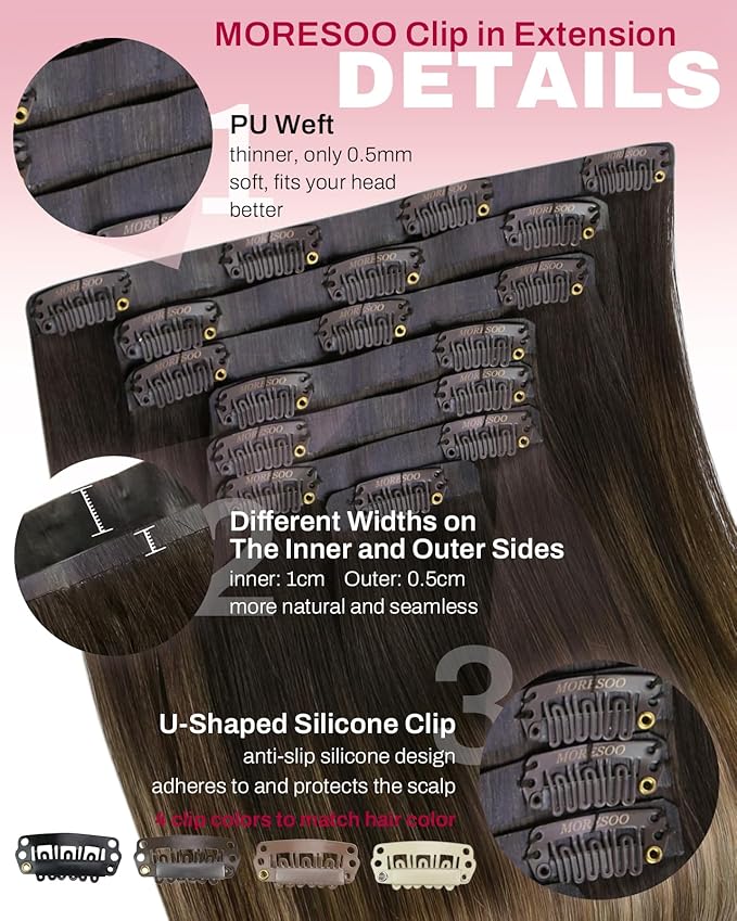 Moresoo PU Seamless Human Hair Clip in Extensions 14inch Balayage Dark Brown to Dark Ash Blonde Clip in Hair Extensions Real Human Hair Thick and Long 120g 7pcs