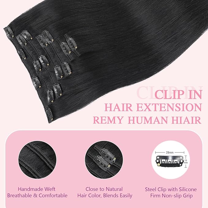 PINKPEARL Clip in Hair Extensions Real Human Hair #1 Jet Black Human Hair Extensions Clip ins 18 inch Extensions Human Hair Clip 120g 7pcs Straight Thick Natural Human Hair(#1-18)
