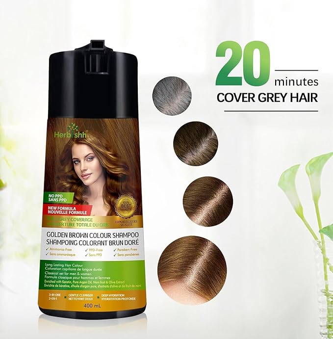Herbishh Golden Brown 3 in 1 Hair Dye Shampoo 400 ML PPD Free + Hair Color Stain Protector – Dye Shield or Defender for Skin