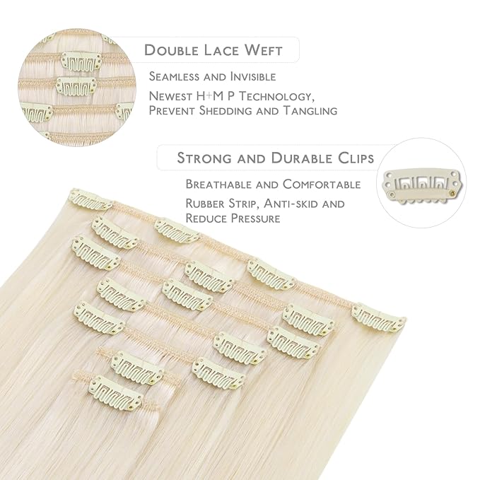 WENNALIFE 24 Inch Clip in Hair Extensions - 120g 7pcs Real Human Hair, White Blonde Remy Double Weft