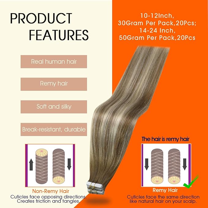 Full Shine Tape in Hair Extensions Real Human Hair 22Inch Seamless Tape Hair Extensions Color 6/60/6 Chestnut Brown Ombre to Blonde Highlighted Brown Tape ins Silky Soft Hair Add Length 50G 20pcs