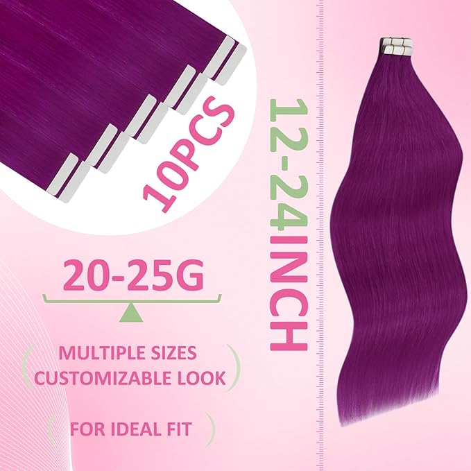 YoungSee Invisible Tape in Hair Extensions Purple Hair Extensions Tape in Colored 25g 10pcs Tape Extension Real Human Hair Purple 20Inch for Girls Party Remy-Hair