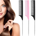 Leinuosen 3 Packs Rat Tail Comb Steel Pin Rat Tail Carbon Fiber Heat Resistant Teasing Combs with Stainless Steel Pintail (Pink, Black)