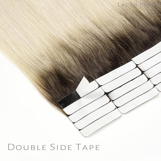 Lacer Tape in Hair Extensions Real Human Hair Rooted Darkest Brown to Platinum Blonde Invisible Human Hair Tape in Extensions Double Sided PU Weft Hair Extensions Tape in 40pcs 60g 12 Inch