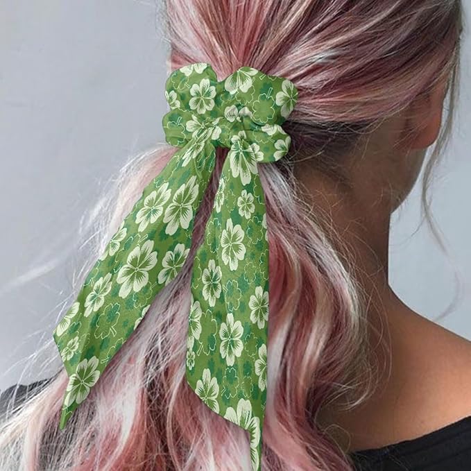 Four Leaf Satin Hair Tie Thick Hair No Damage Knotted Bow with Flowing Tails St. Patrick's Day Green Scrunchies with Bow Pack of 2