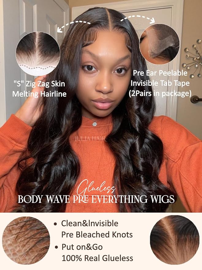 Julia Hair Body Wave Glueless 13x4 Lace Front Wigs Human Hair 12A Pre Cut Lace Frontal Wig Pre Bleached Bye Bye Knots Pre Everything Put on and Go 180% Density Fast Wear Wigs Natural Color 22 Inch