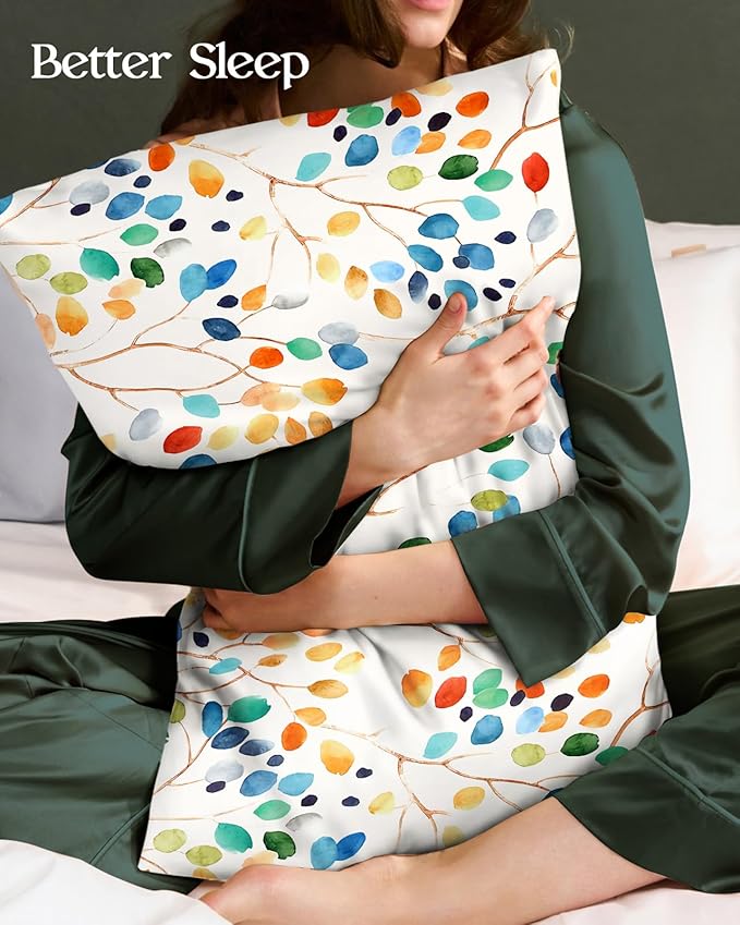 2 Pack Mulberry Silk Pillowcase for Hair and Skin - Standard Size 20 x 26 Inches with Hidden Zipper Colorful Leaf 19 Momme Soft Sleeping Silk Pillow Case for Women, Moms