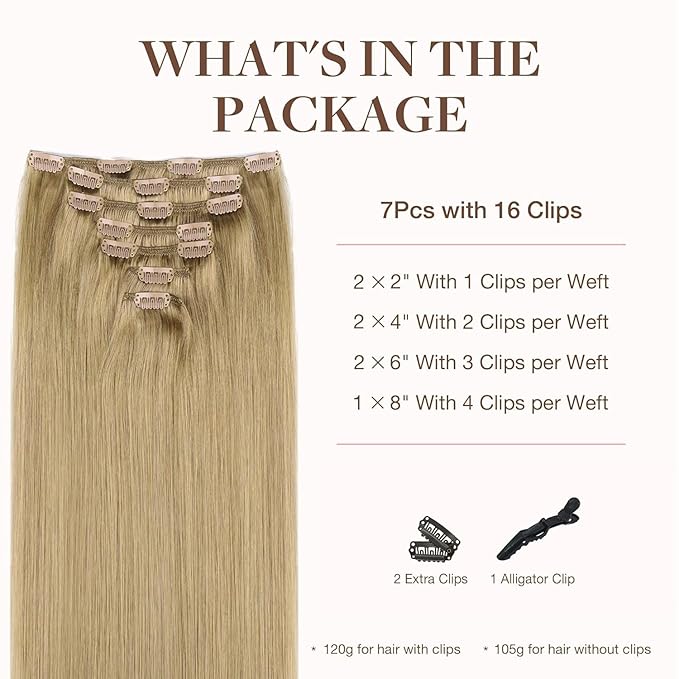 GOO GOO Clip in Hair Extensions Real Human Hair, Remy Human Hair Extensions Clip ins for Women, Natural Human Hair, 16inch 120g 7Pcs, 7 Bronde