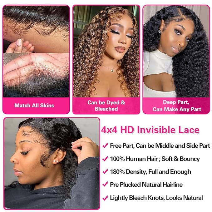 Lace Front Wigs Human Hair Water Wave Brazilian Virgin Hair 180% Density 4X4 Water Curly Lace Closure Human Hair Wigs for Black Women Glueless Wig with Baby Hair Natural Color 22 Inch Water Wave Wig