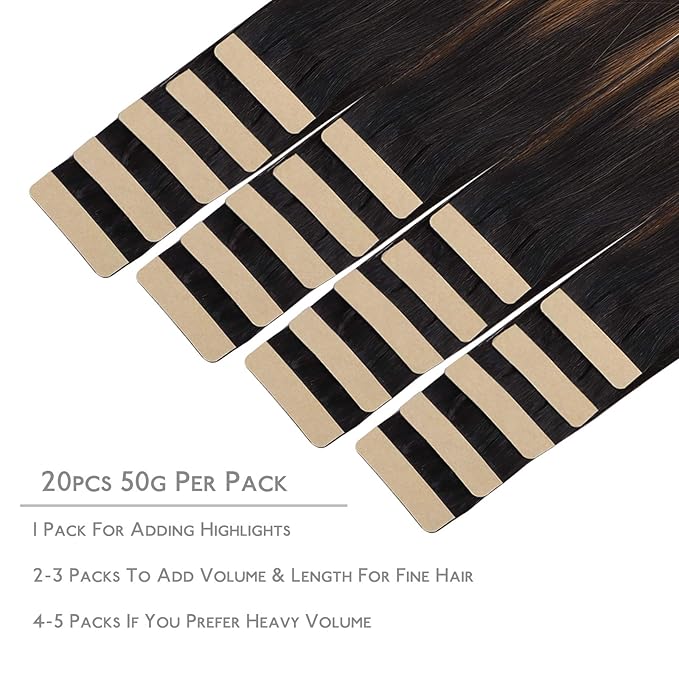 WENNALIFE Tape in Hair Extensions Human Hair, 20pcs 60g 26 inch Balayage Natural Black to Chestnut Brown Remy Hair Extensions Straight Human Hair Tape in Extensions Skin Weft Tape Extensions
