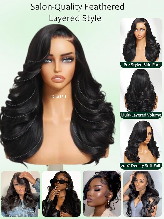 KLAIYI Pre Everything Glueless Layer Side Part Loose Body Wave 13x4 Lace Front Wigs Human Hair Drawstring Curtain Bangs Face framing Pre Bleached Knots Pre Plucked 3S Ready to Put On and Go Wig 22Inch