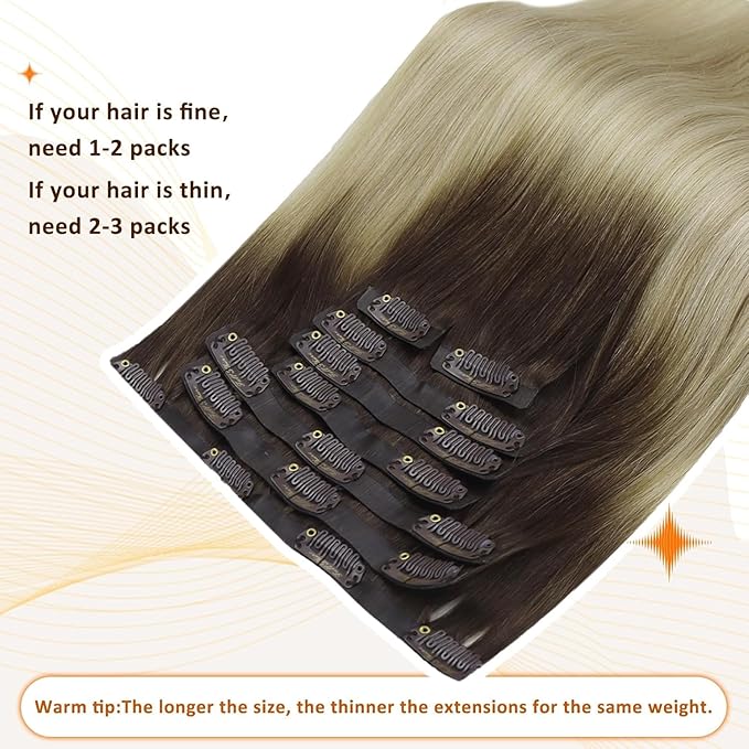 Full Shine Ombre Clip in Hair Extensions 12 Inch Dark Root Brown to Platinum Blonde Real Human Hair with PU Weft Seamless Hair Extensions 8 PCS 95 Grams