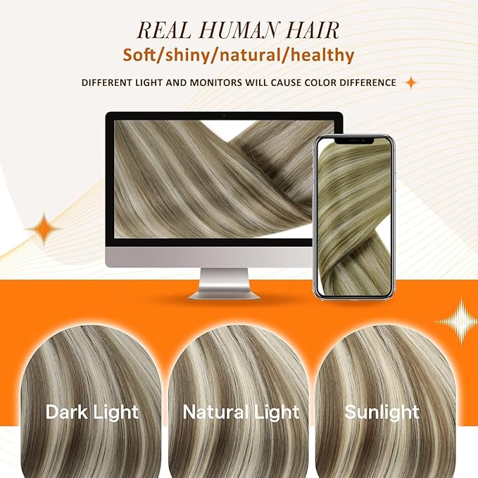 Full Shine Blonde Highlights Clip in Extensions Seamless Human Hair Clip ins Light Brown with Platinum Blonde Extensions Clip ins for Women Full Head 18 Inch 8 PCS 120 G