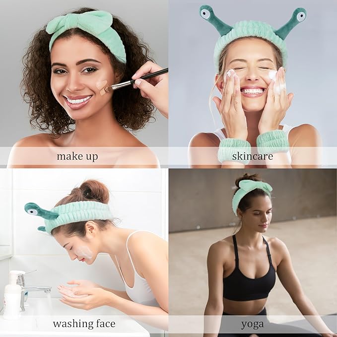 Skincare Headband Bow Snail Spa headband and Wristband Set, 6 Pack Cute Makeup Headbands for Washing Face, Fun Gifts for Women and Girls