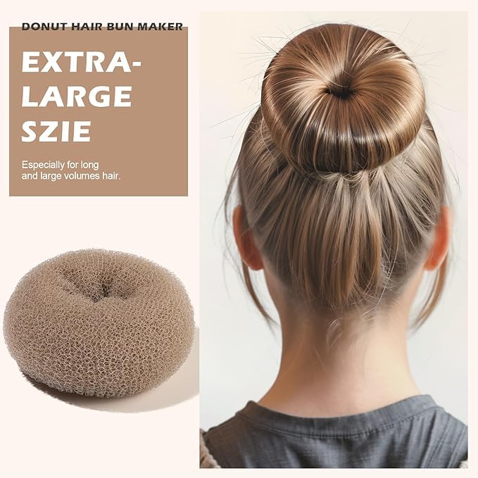 Teenitor Donut Hair Bun Maker Set, 7 Pieces Hair Bun Makers (1 extra-large, 2 large, 2 medium and 2 small), 5 pieces Hair Elastic Bands, 20 pieces Hair Pins, Tan Color