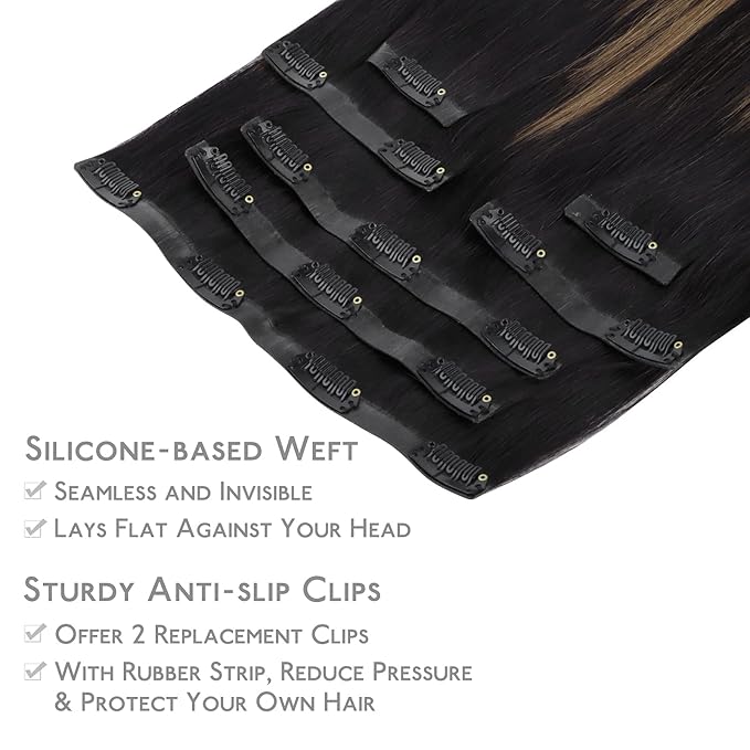 WENNALIFE Seamless Clip In Hair Extensions, 20 Inch 150g 7pcs Natural Black Mixed Chestnut Brown Hair Extensions Clip in Human Hair Invisible PU Skin Weft Natural Remy Human Hair Extensions