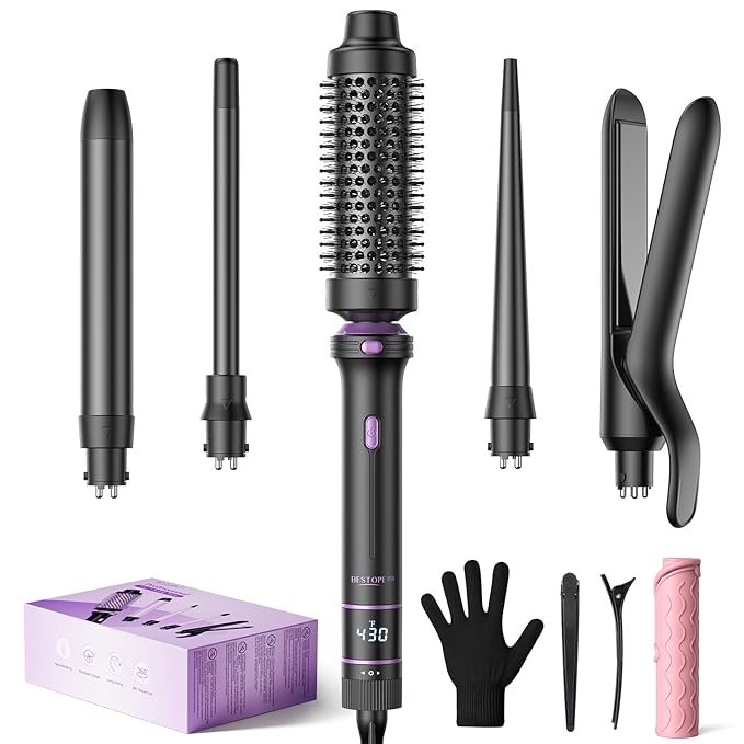 5 in 1 Curling Iron, Curling Wand Set with Thermal Brush, Flat Iron Hair Straightener, 3 Ceramic Irons (0.35"-1"), 13 Adjustable Temps, Hair Curler Waver with Heat Resistant Mat, Glove, Clip