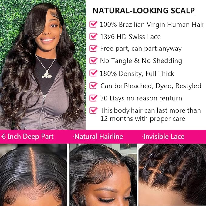 13x6 Body Wave Lace Front Wigs Human Hair 180 Density Body Wave Frontal Wigs Human Hair HD Lace 22 Inch Brazilian Virgin Human Hair Wigs for Black Women Glueless Pre Plucked with Baby Hair