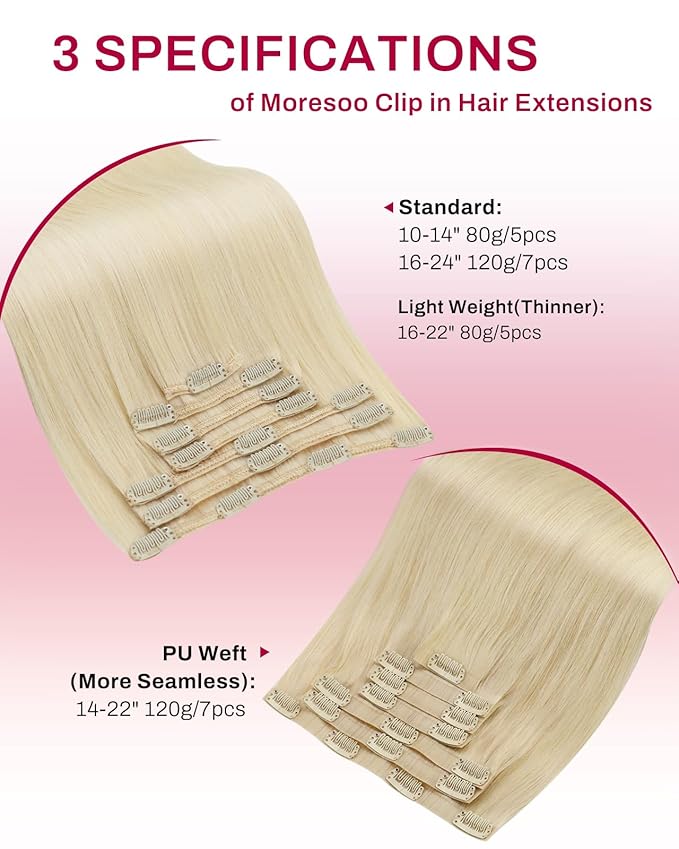 Moresoo Short Blonde Clip in Hair Extensions Remy Human Hair Short Golden Platinum Blonde Hair Extensions Clip ins Straight for Women Double Weft 80g/5pcs 12 inch
