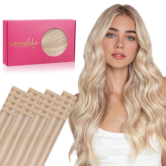 WENNALIFE Tape in Hair Extensions Human Hair, 20pcs 30g 10 inch Balayage Light Wheat Platinum Blonde Remy Hair Extensions Straight Human Hair Tape in Extensions Skin Weft Tape Extensions Human Hair