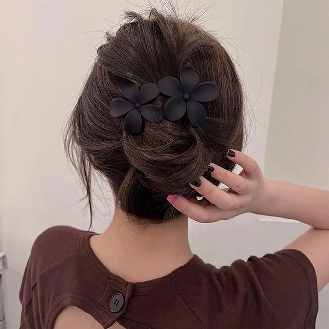 5PCS Black Flower Flat Hair Clips for Women - Mdscve French Flat Hair Claw Matte Hair Clips Flat Claw Clips for Thick Hair Non-Slip Cute Duck Billed for Girls