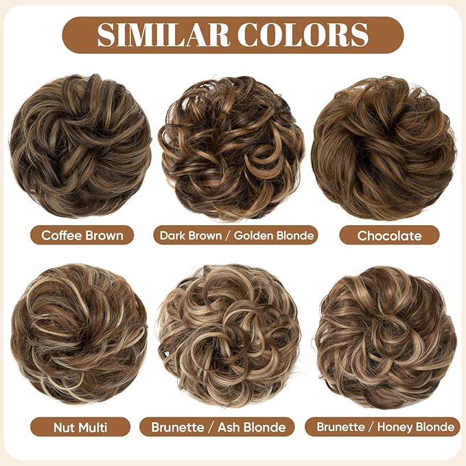 CJL HAIR Large Messy Bun Hair Piece Wavy Curly Scrunchies Synthetic Chignon Ponytail Hair Extensions Thick Updo Hairpieces for Women Coffee Brown