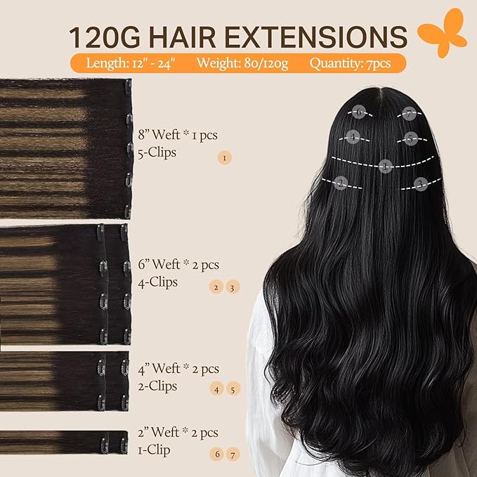 DOORES Human Hair Extensions Clip in, Balayage Natural Black to Chestnut Brown 14 Inch 7pcs 100g, Thick Straight Clip in Remy Hair Extensions Natural Weft