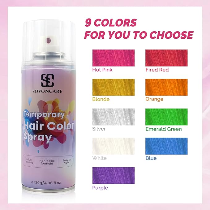 Hot Pink Temporary Hair Color Spray, SOVONCARE Natural Hair Wax Dye Spray for Kids Halloween, Christmas Party, Cosplay -On 1-Day Washable 120ML