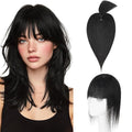 Hairro Mono Hair Toppers with Bangs, 3.4" x 3.4" Mono Base 100% Real Human Hairpieces for Women, 150% Density Clips In Topper for Greyish Thinning Hair, 16 Inch Jet Black