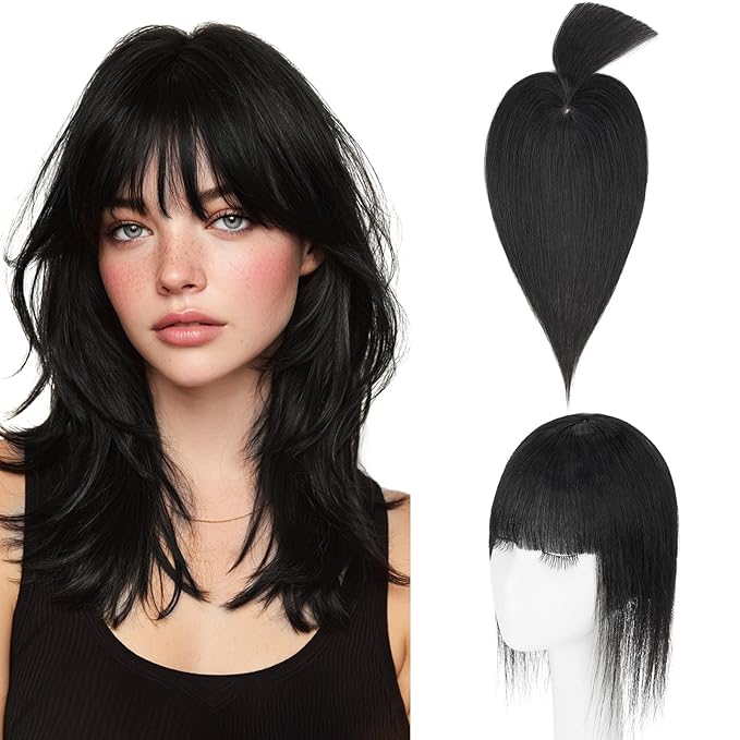 Hairro Mono Hair Toppers with Bangs, 3.4" x 3.4" Mono Base 100% Real Human Hairpieces for Women, 150% Density Clips In Topper for Greyish Thinning Hair, 18 Inch Jet Black